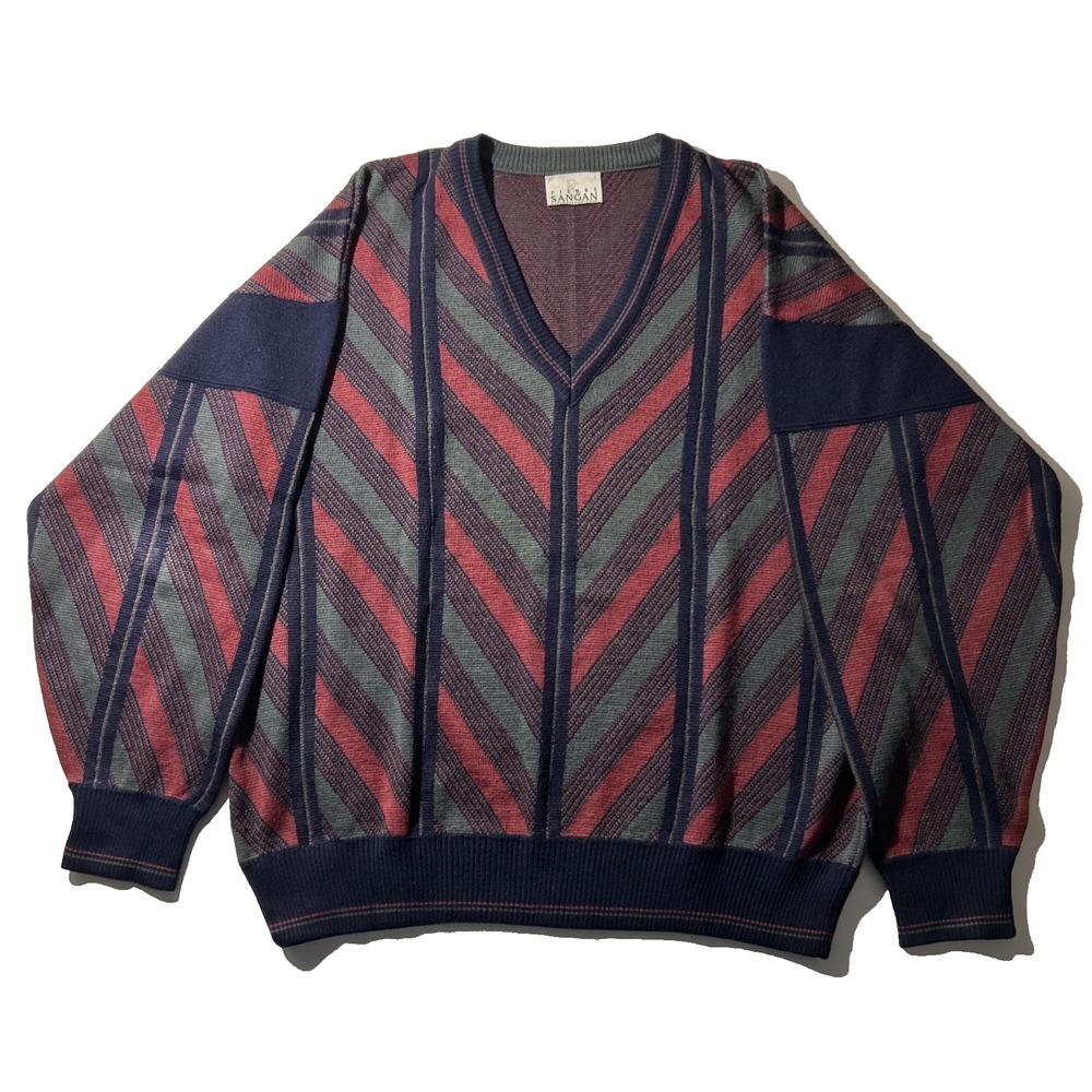VTG 80s Pierre Sangan Geometric Knitted Jumper - Grampa Sweater Wool Blend - L
